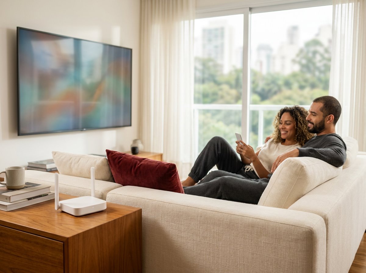 Casal aproveita a sala de casa, com televisão e roteador Wi-Fi ao lado do sofá